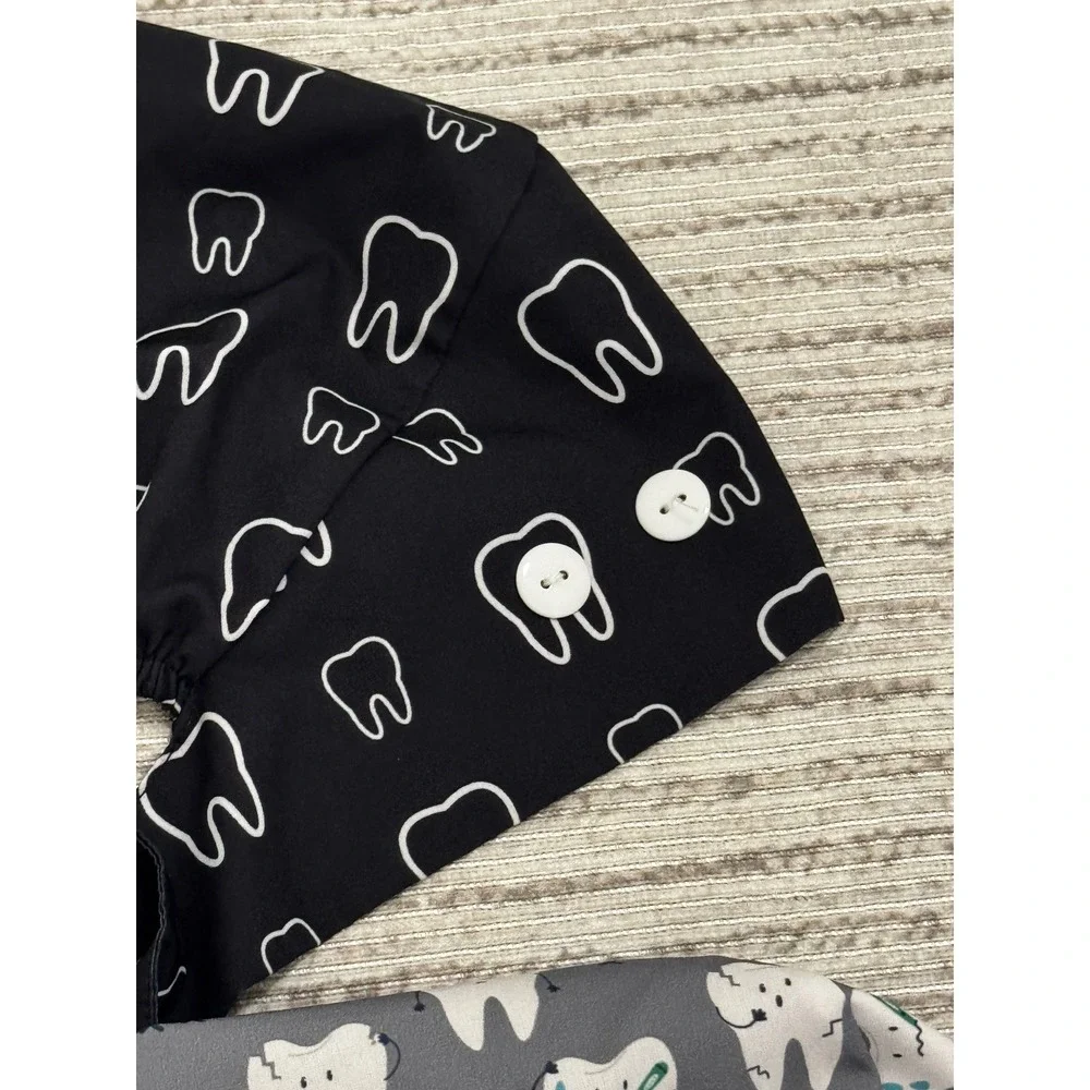 Set of 4 Dental Scrub Caps with Buttons for Masks Tooth Print Pink Blue Grey